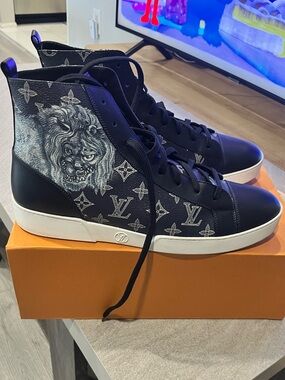 Louis Vuitton Black Monogram High-Top Sneakers with Lion Graphic